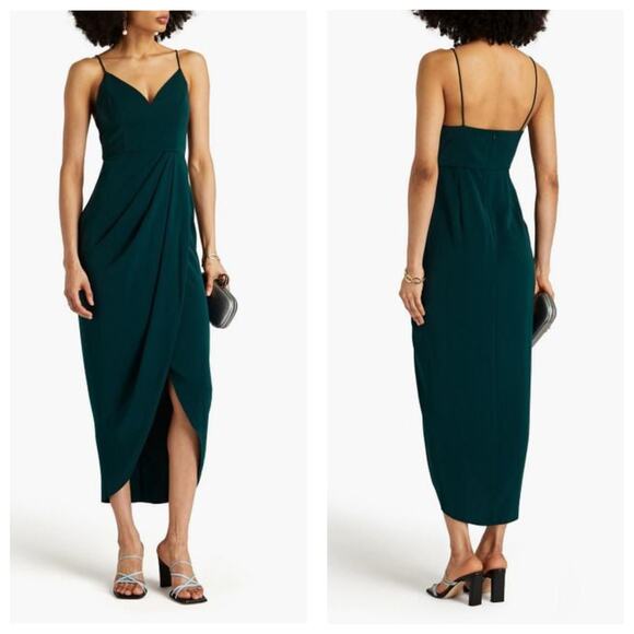 Shona Joy Emerald Green Draped Satin Midi Dress Size 6 Cocktail Tulip Hem - Picture 1 of 14